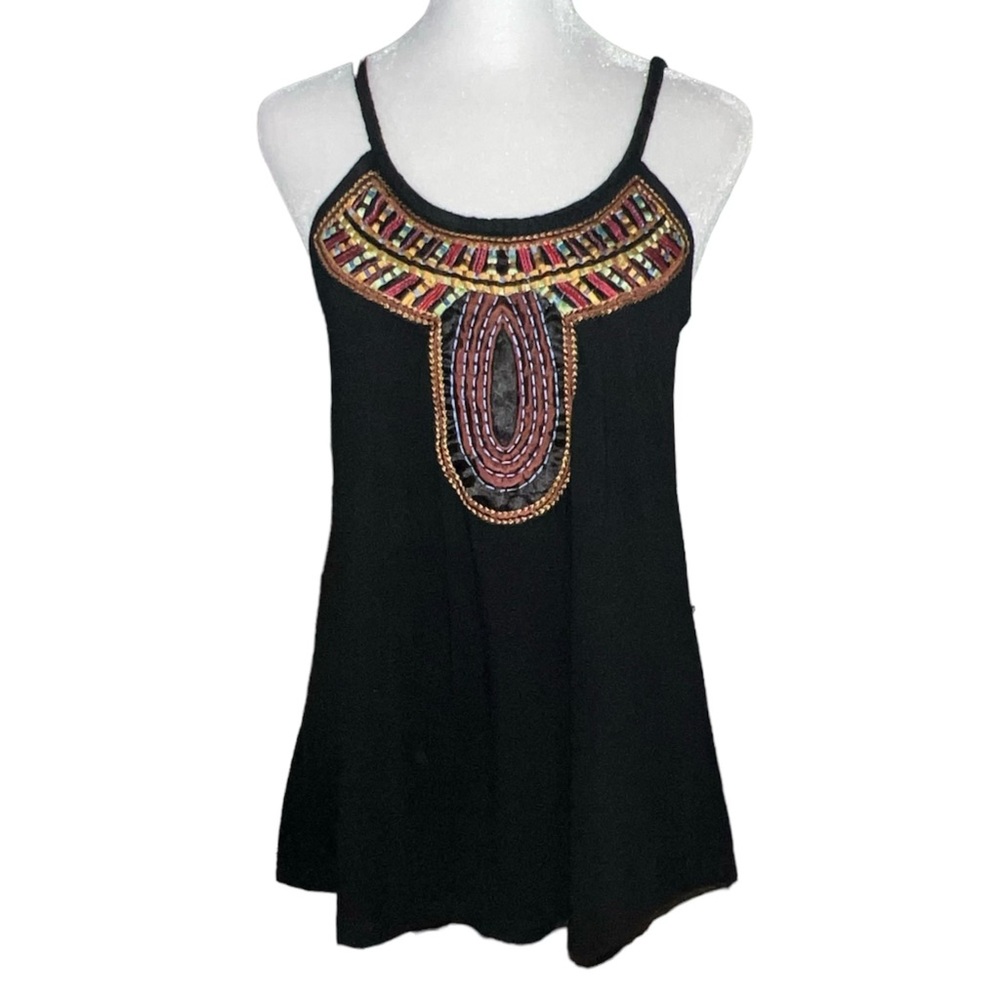 Fresh Brewed Women’s Tank Top Size S Top Blouse Black Embroidered Rope Straps